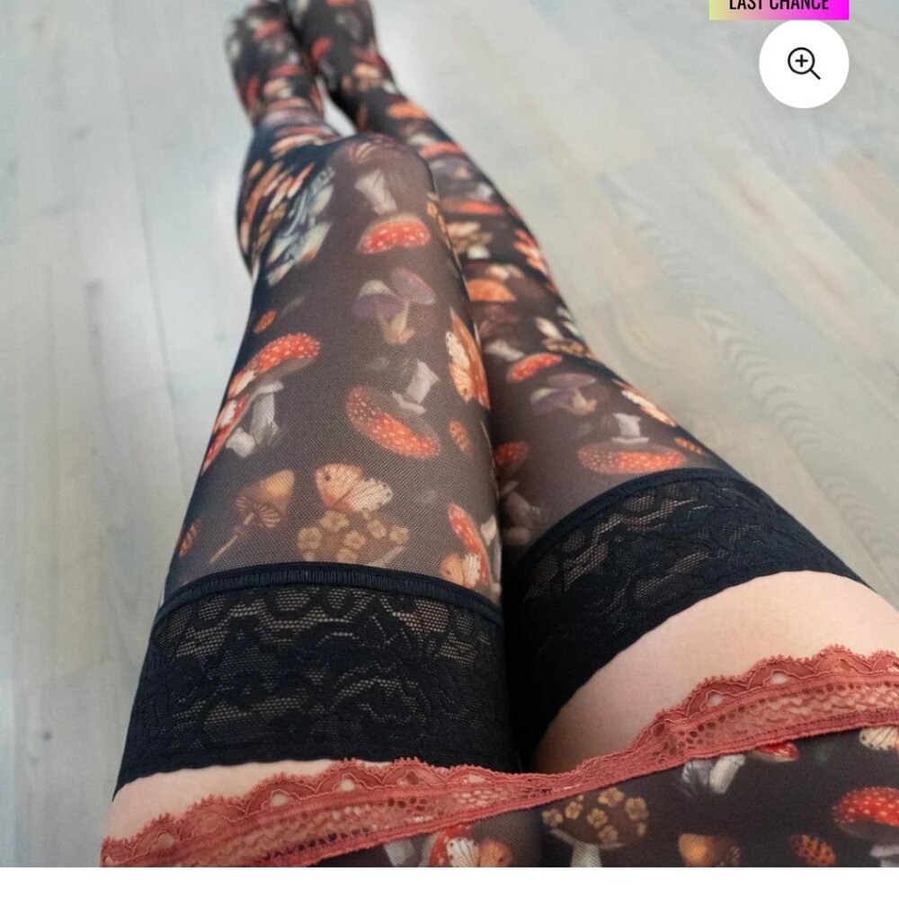 Uye Surana Mystical Mushroom Printed Stay Up Stockings Black 4x/5x SOLD OUT